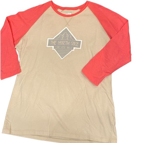 The North Face Ladies XL Tan and Coral Baseball T Shirt w/Logo front and back - Picture 1 of 7